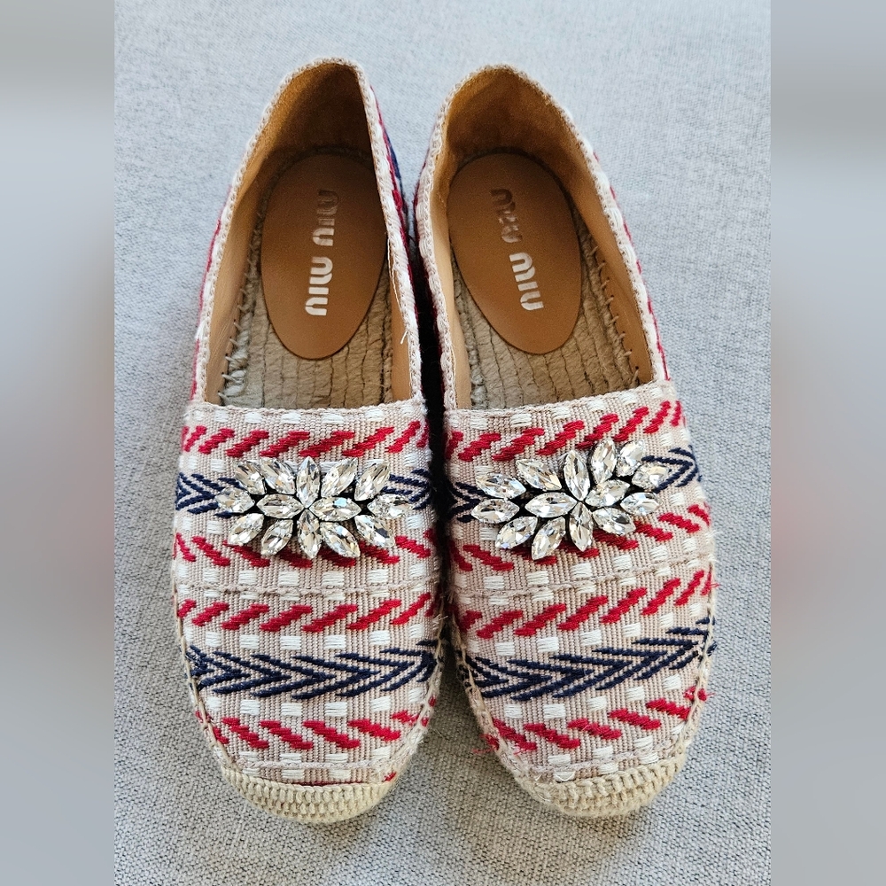 New Size 36 Miu Miu Canvas Embellished Espadrille Flats Blue Red White Sparkly